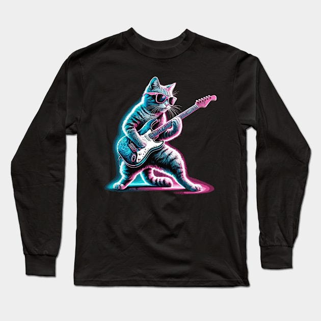 Electric Guitar Cat Rock Music Retro Funny Cat Long Sleeve T-Shirt by KsuAnn